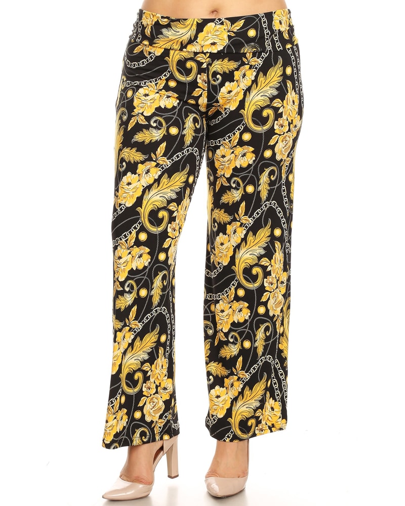 Front of a model wearing a size 1X Printed Palazzo Pants in Black/Gold by White Mark. | dia_product_style_image_id:246496